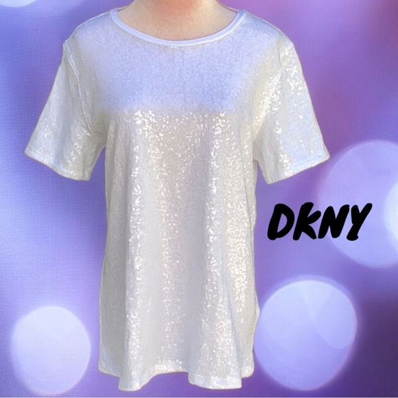 DKNY NWT WOMENS WHITE SEQUENCE T SHIRT TOP MEDIUM SPARKLING - Picture 2 of 9